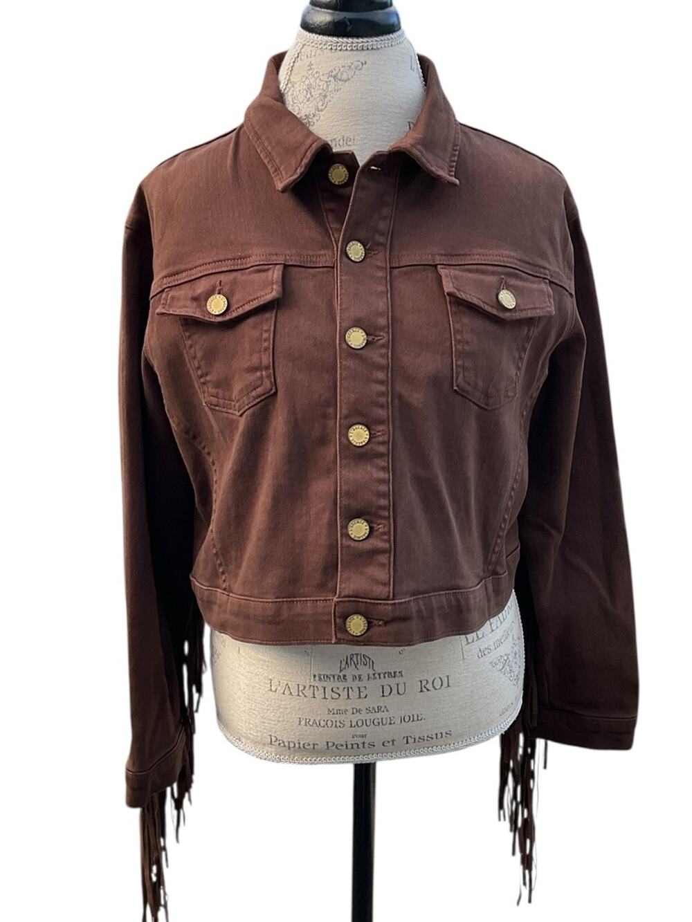 L'AGENCE Western Crop Jean Jacket Women’s Brown Fringe Size Large NWT